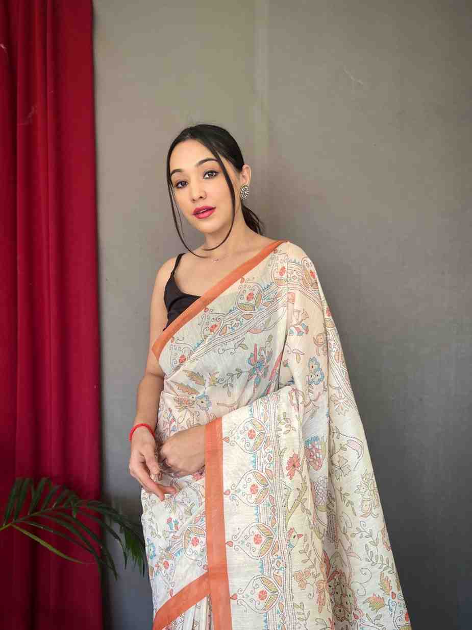 Pure Malai Cotton Saree with Katha Print