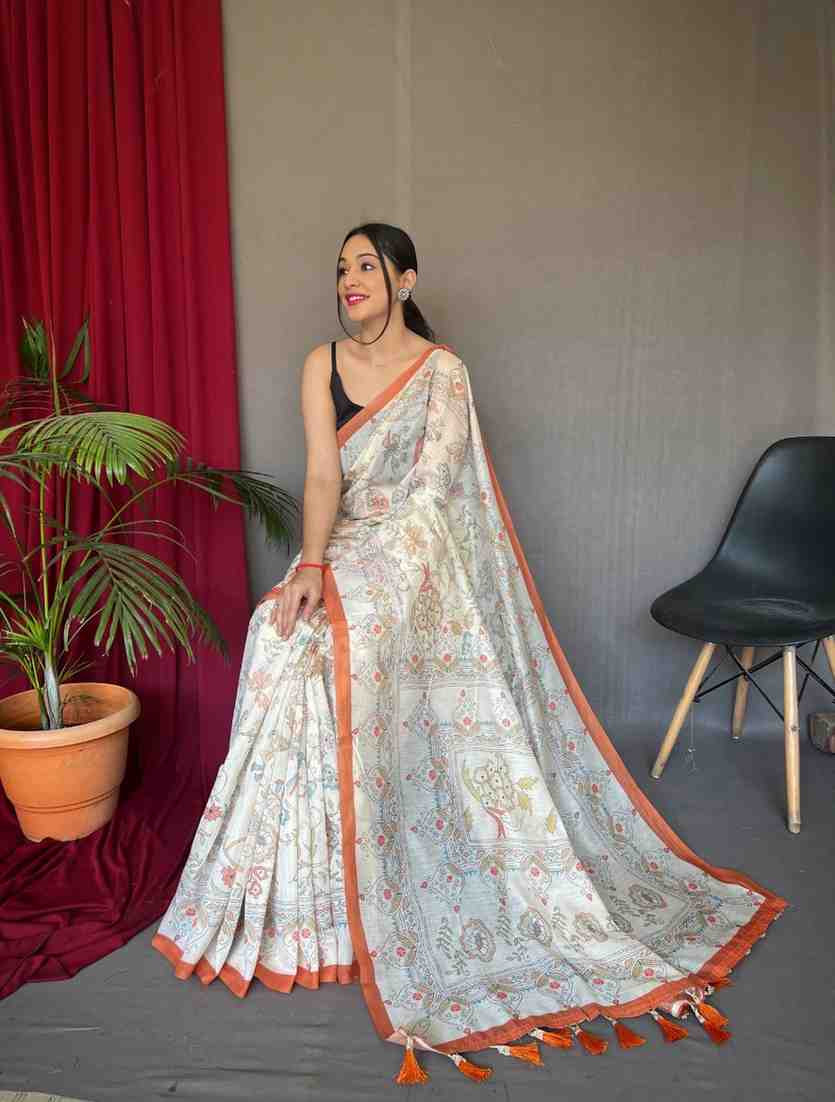 Pure Malai Cotton Saree with Katha Print