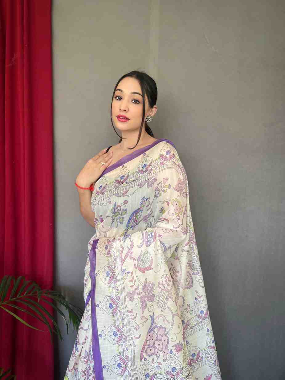 Pure Malai Cotton Saree with Katha Print