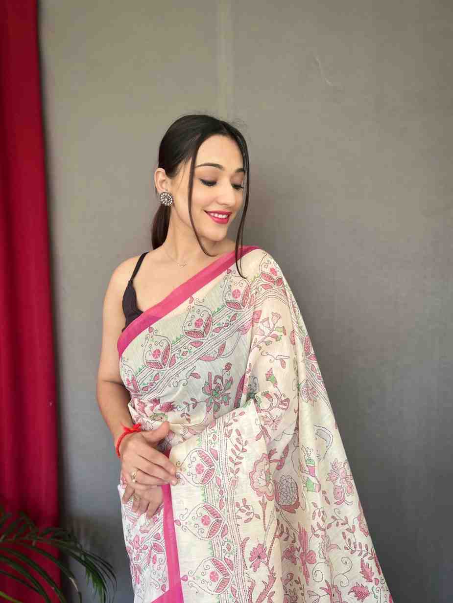 Pure Malai Cotton Saree with Katha Print