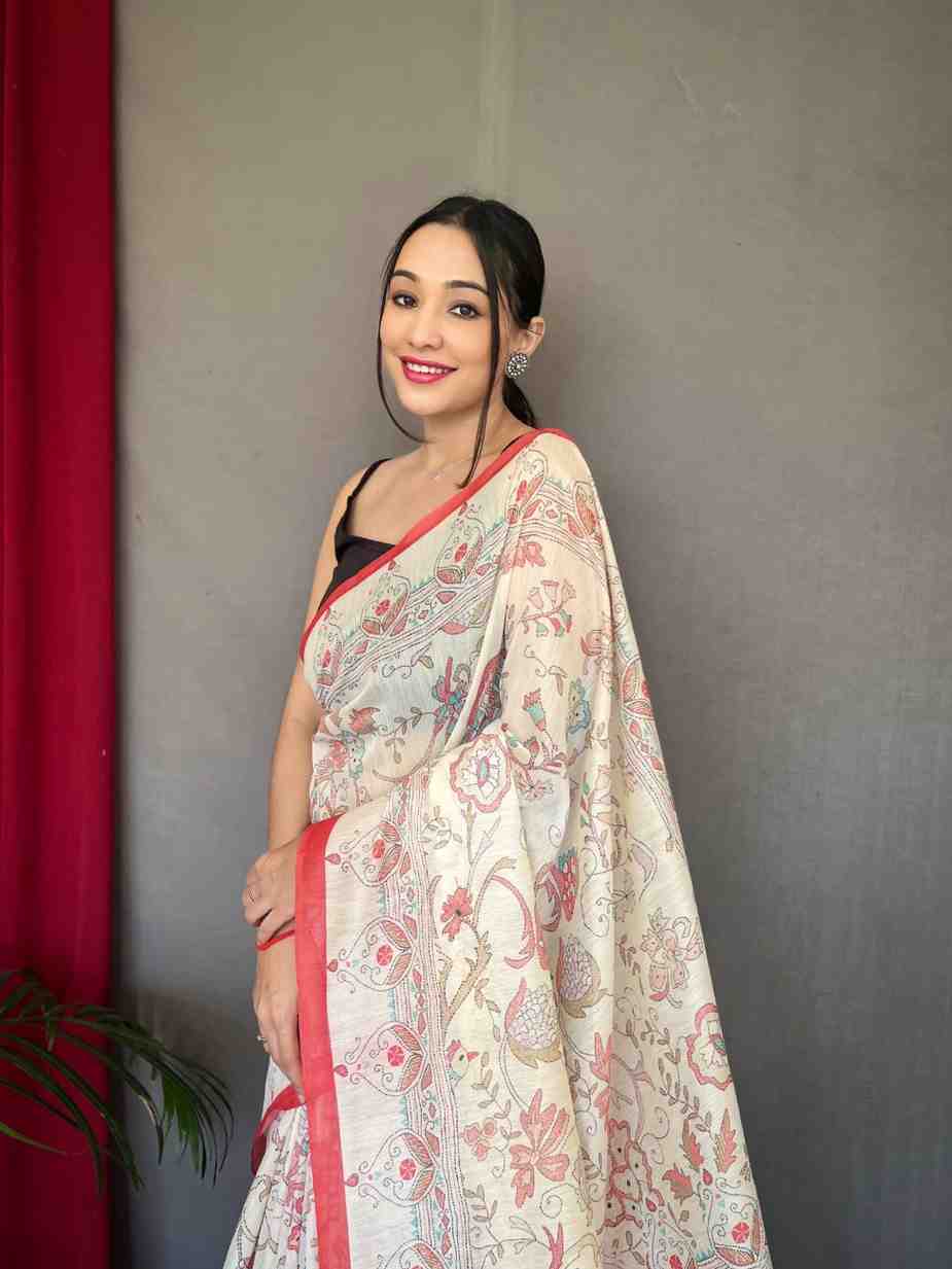 Pure Malai Cotton Saree with Katha Print