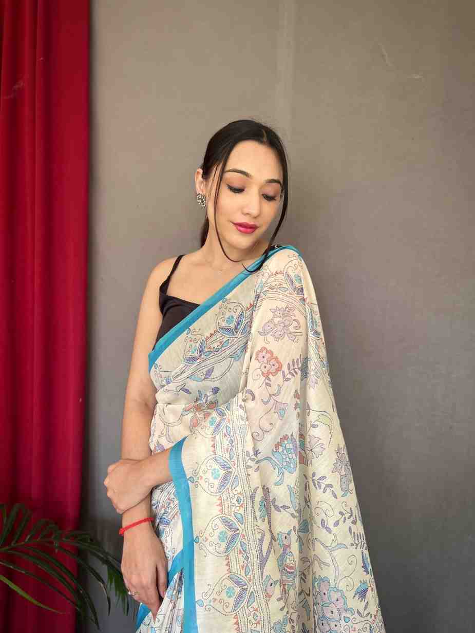 Pure Malai Cotton Saree with Katha Print