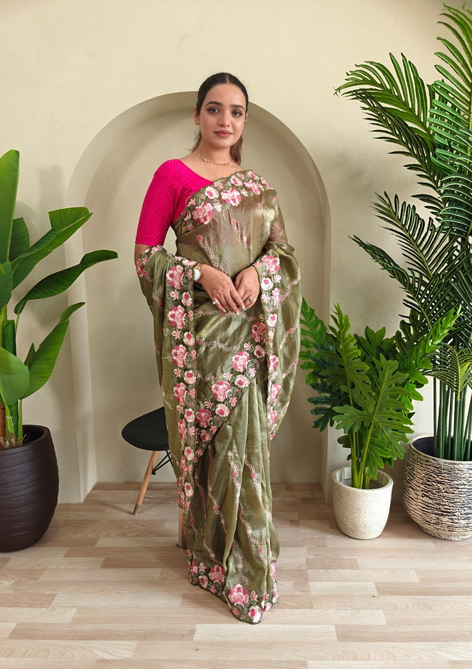 Premium Crush Silk Saree With Leheriya-inspired Embroidery