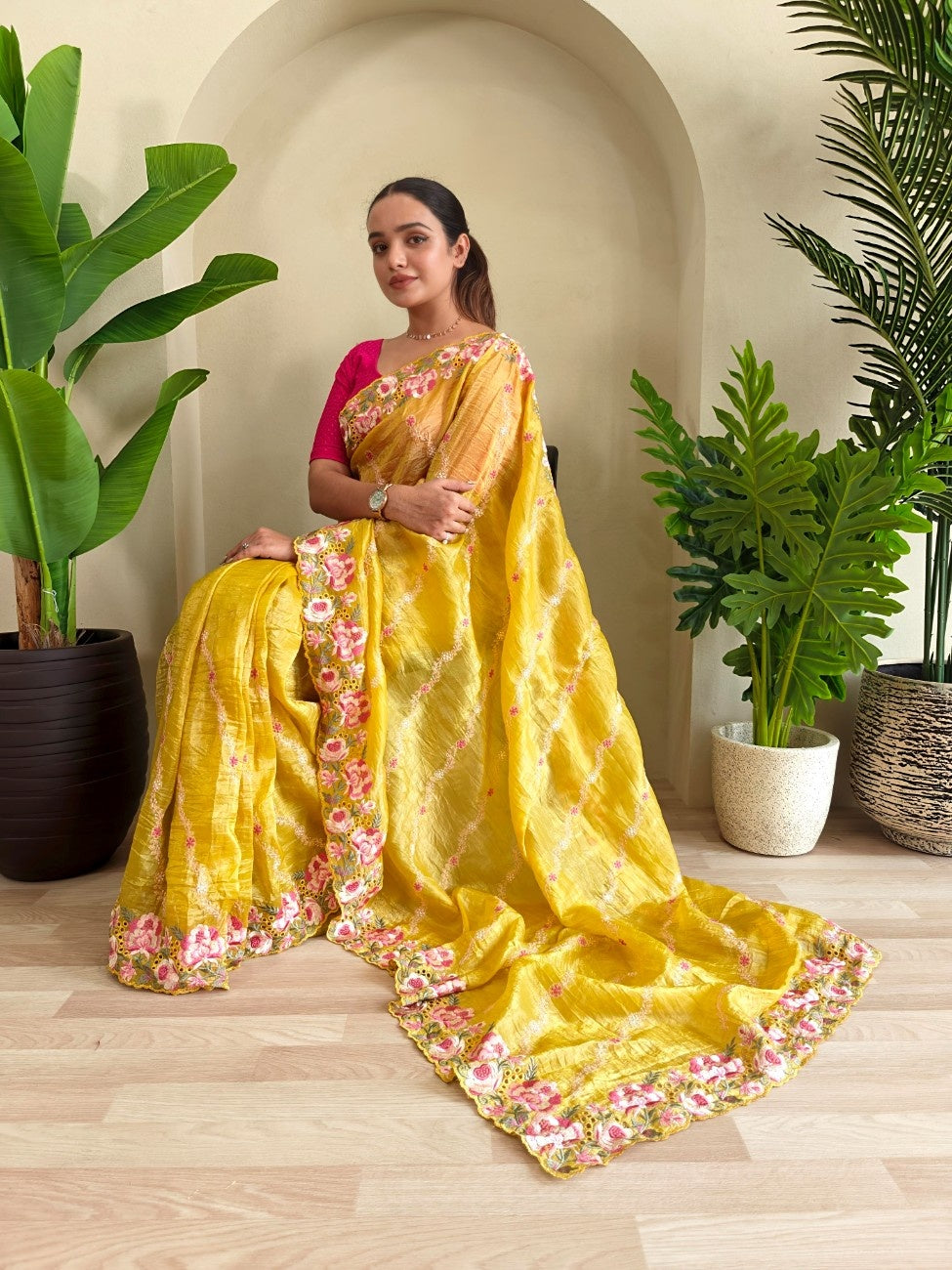 Premium Crush Silk Saree With Leheriya-inspired Embroidery