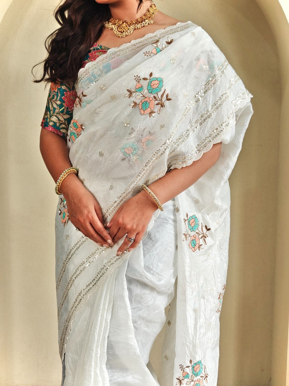 Crush Organza Saree With self-sequins weaving pattern and scalloped border
