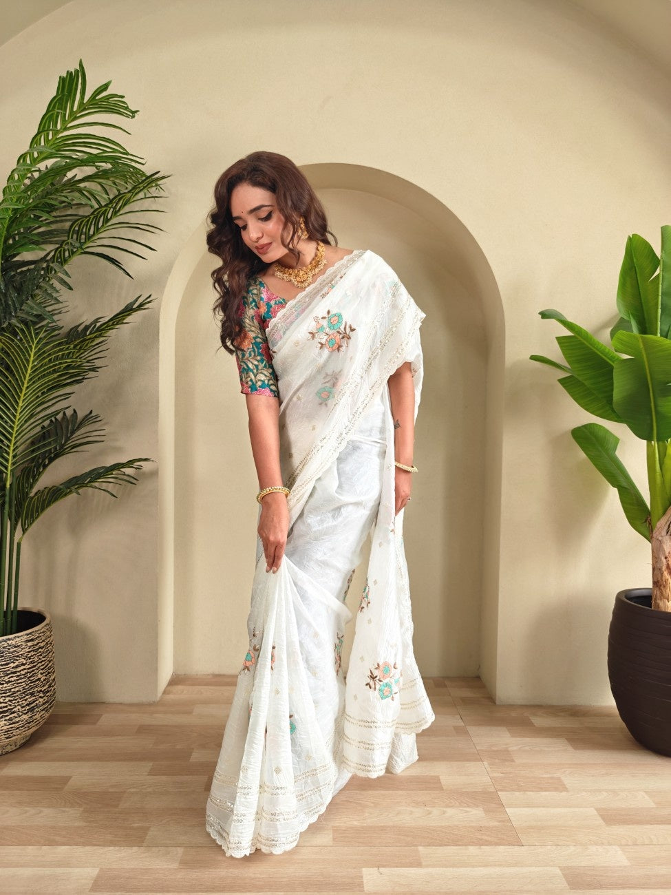 Crush Organza Saree With self-sequins weaving pattern and scalloped border