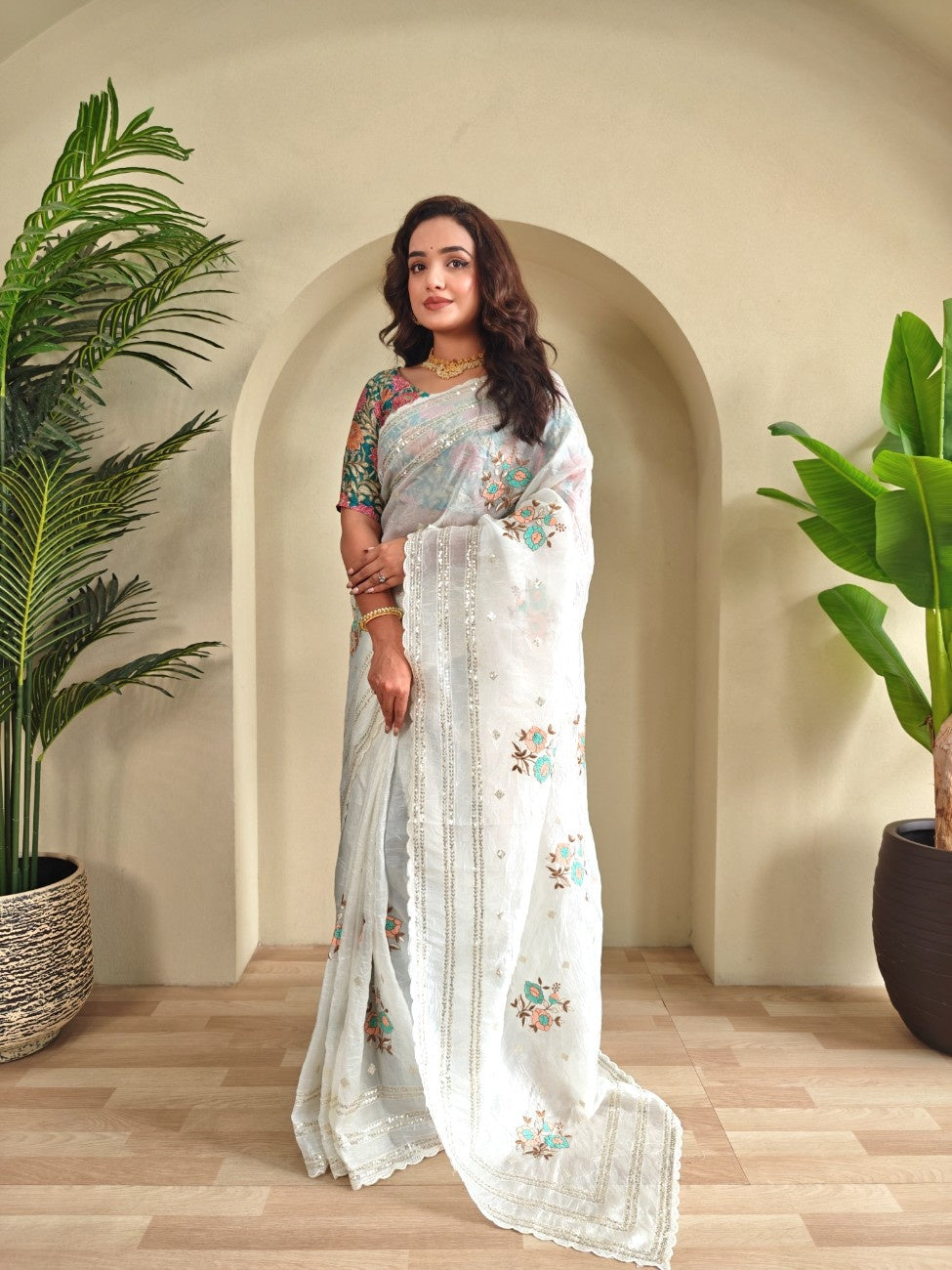 Crush Organza Saree With self-sequins weaving pattern and scalloped border