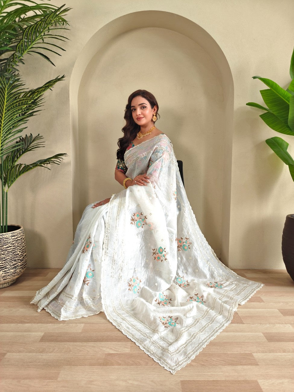 Crush Organza Saree With self-sequins weaving pattern and scalloped border