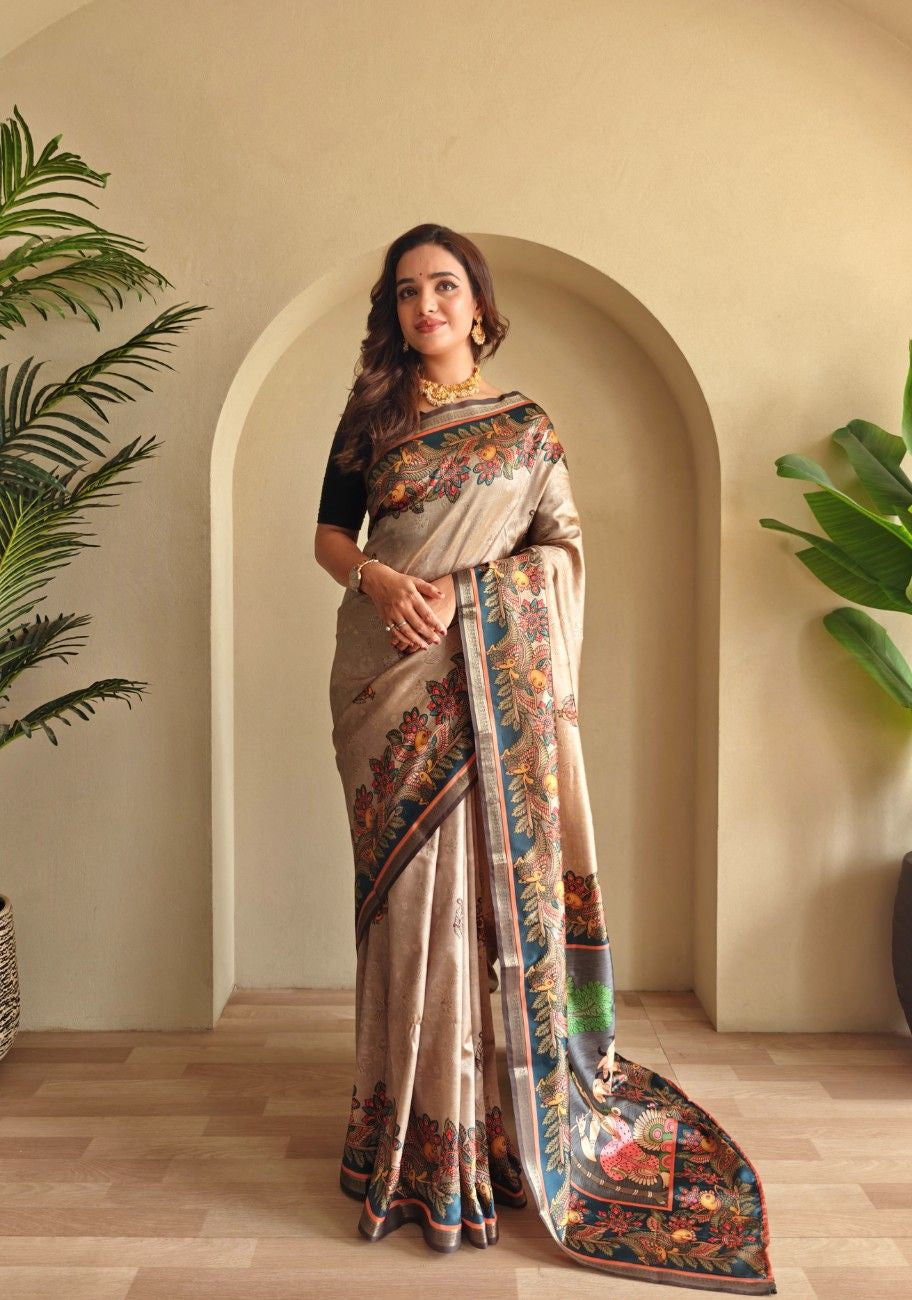 Soft Silk Saree with Kalamkari fusion print