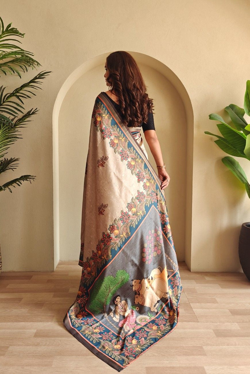 Soft Silk Saree with Kalamkari fusion print
