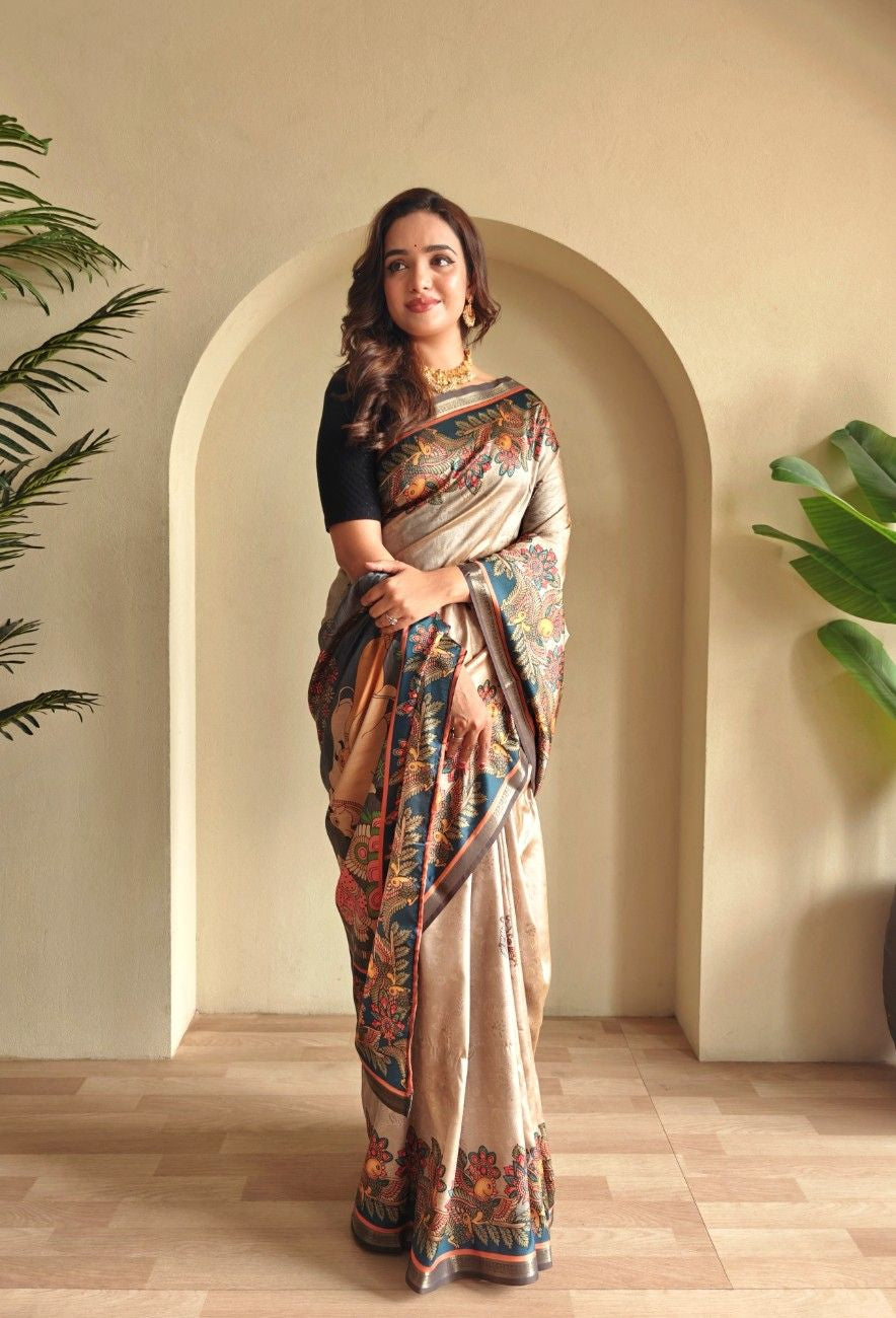 Soft Silk Saree with Kalamkari fusion print