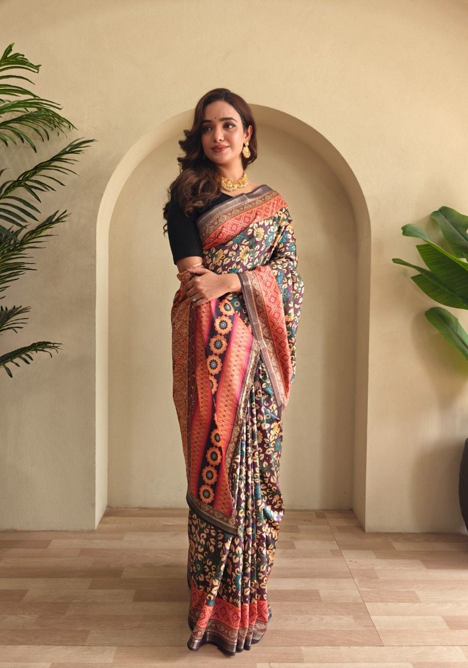 Soft Silk Saree with Kalamkari fusion print