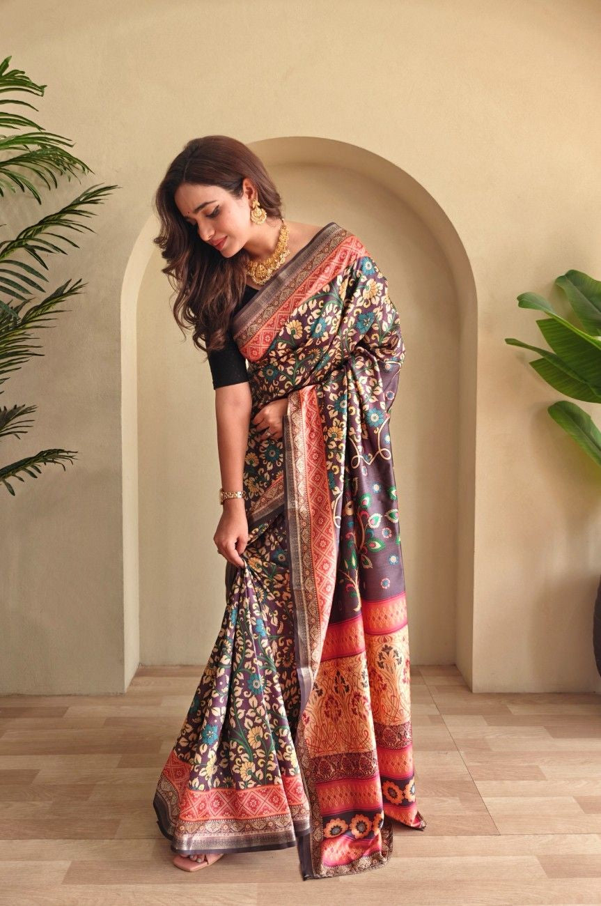 Soft Silk Saree with Kalamkari fusion print