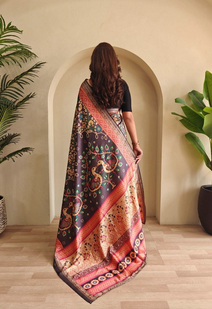 Soft Silk Saree with Kalamkari fusion print
