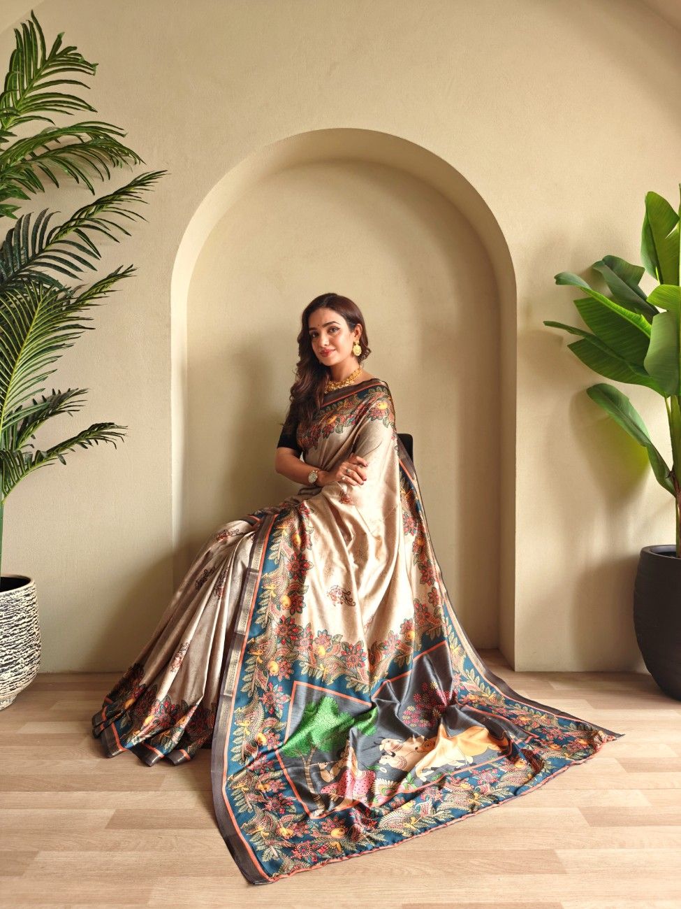 Soft Silk Saree with Kalamkari fusion print