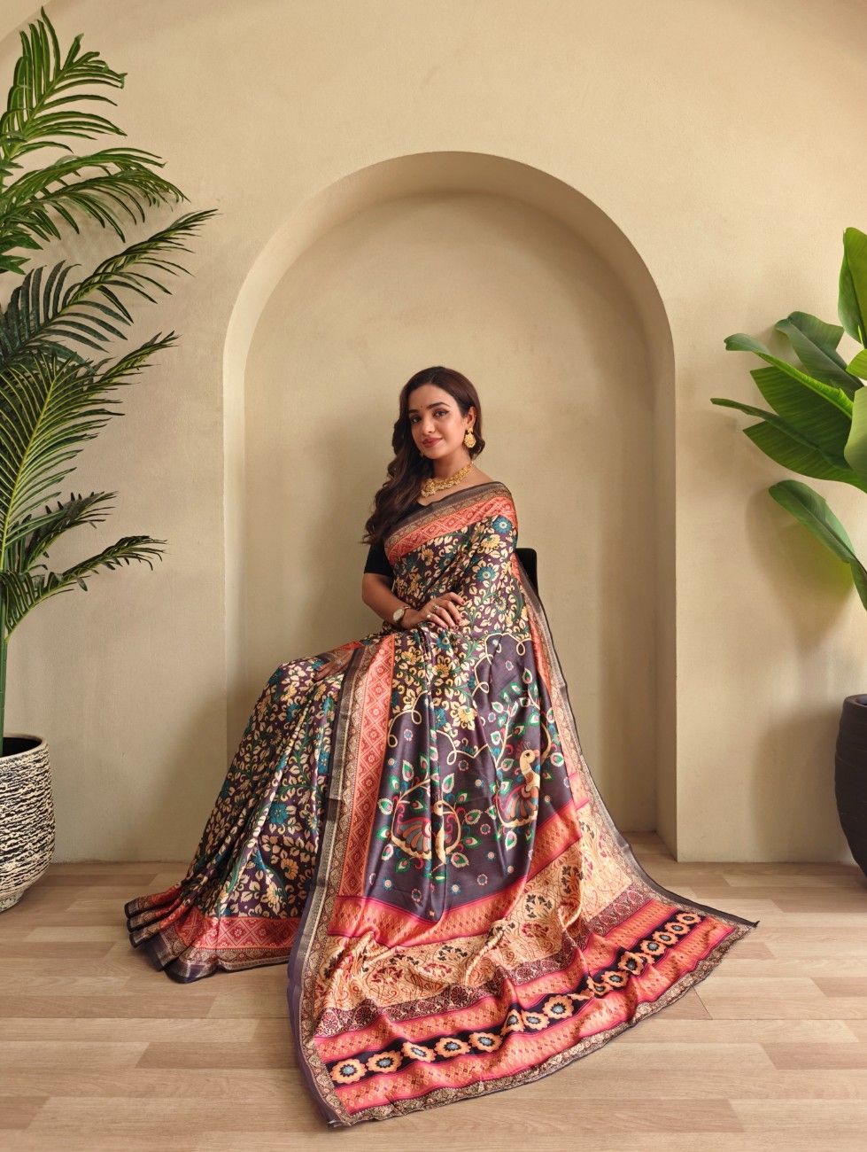Soft Silk Saree with Kalamkari fusion print