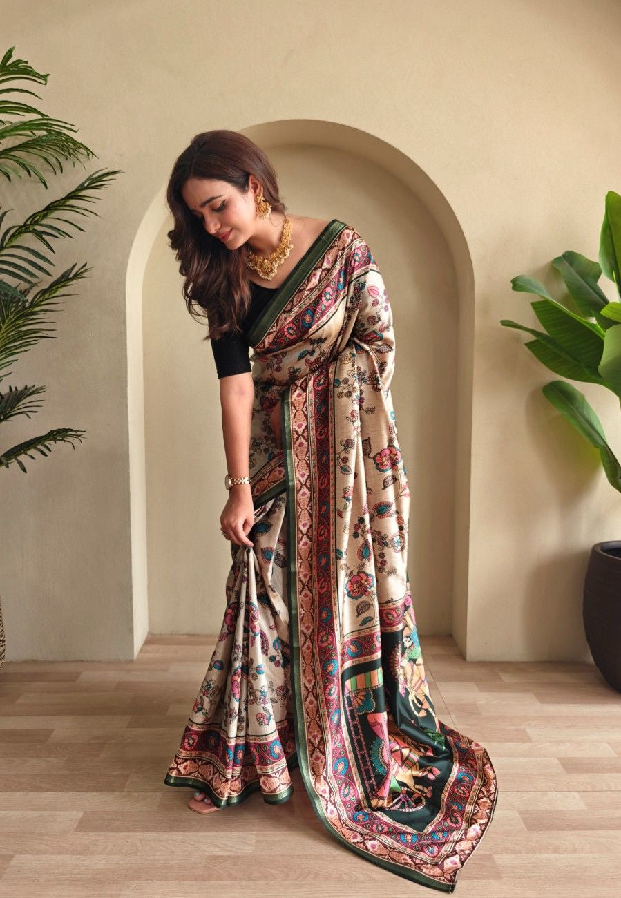 Soft Silk Saree with Kalamkari fusion print