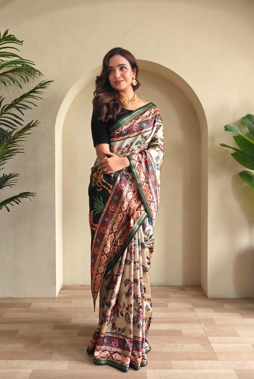 Soft Silk Saree with Kalamkari fusion print