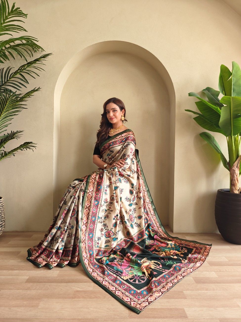 Soft Silk Saree with Kalamkari fusion print