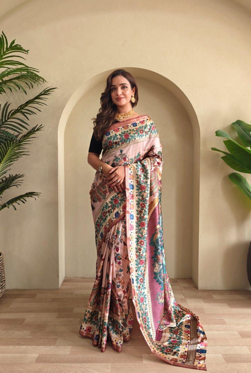 Soft Silk Saree with Kalamkari fusion print