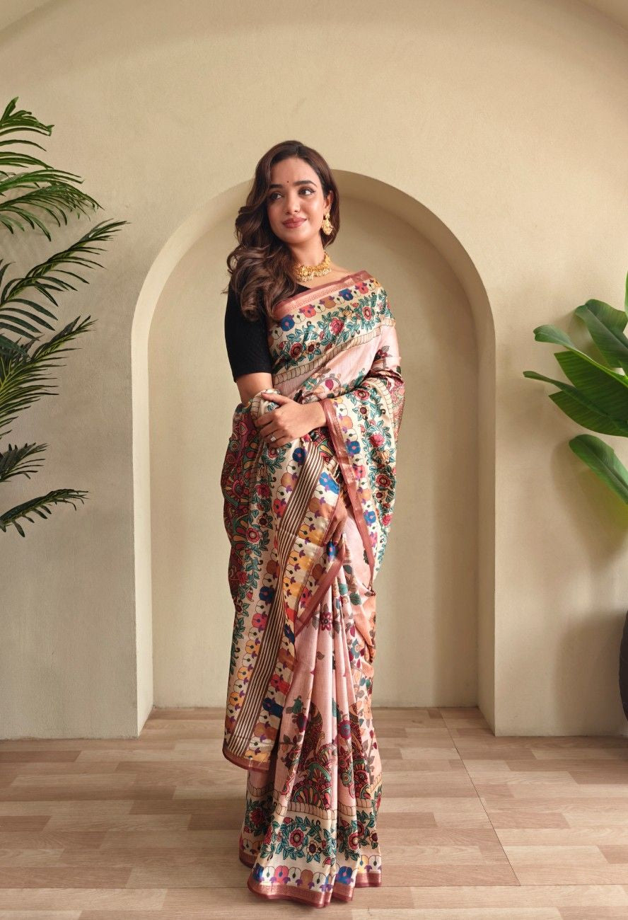 Soft Silk Saree with Kalamkari fusion print