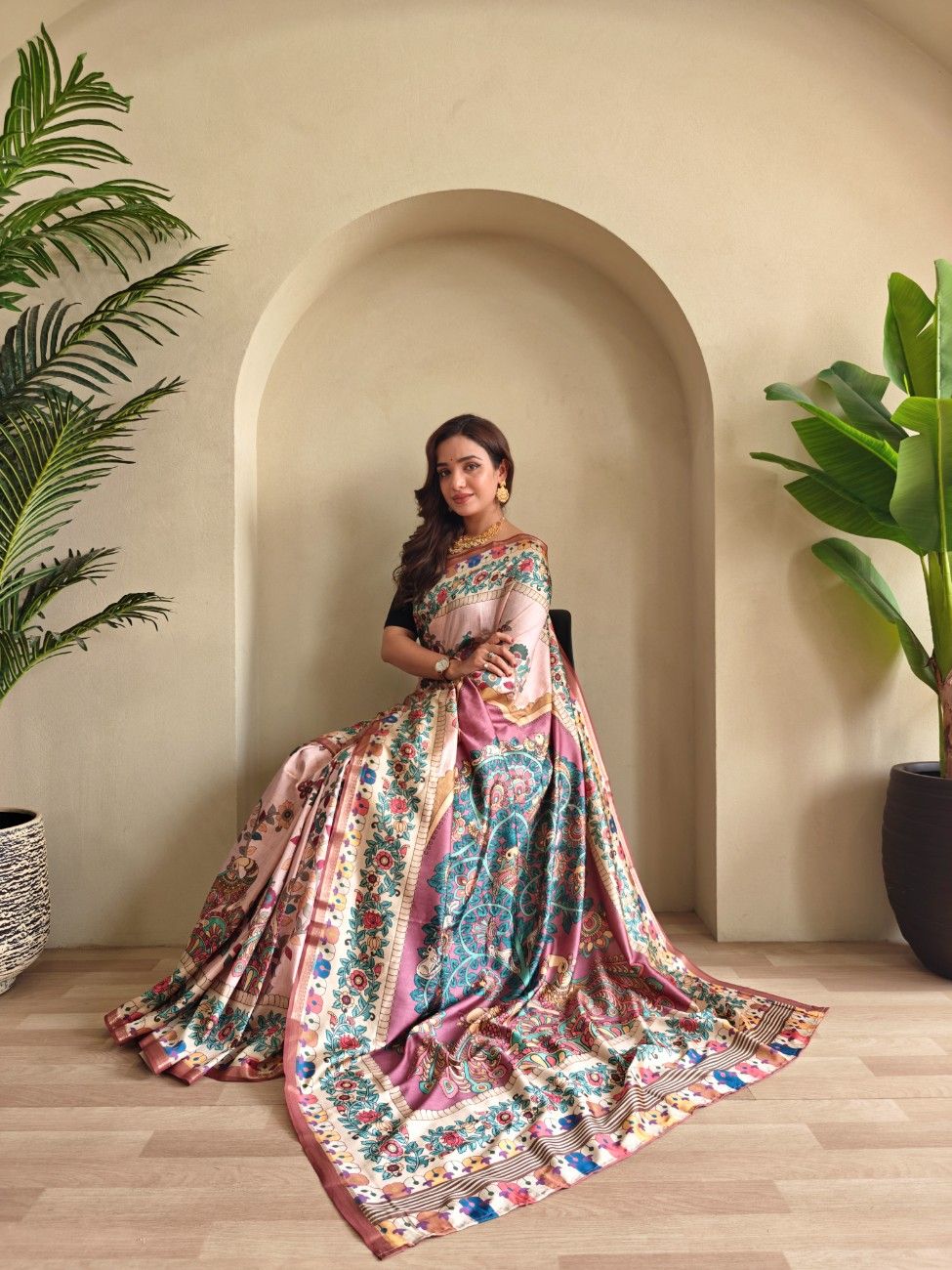 Soft Silk Saree with Kalamkari fusion print