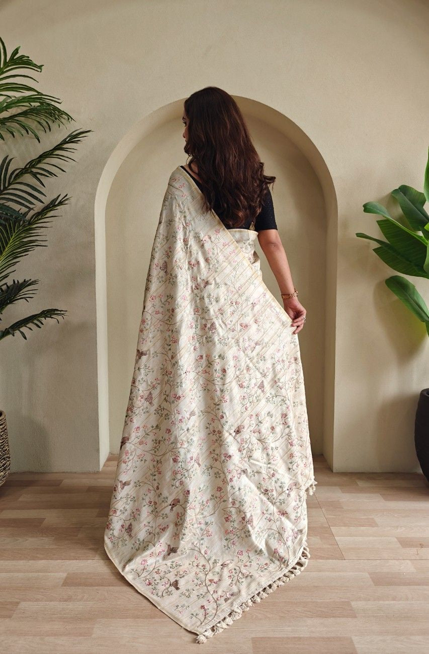 Pure Loom Tussar Saree with  floral and bird designer embroidery
