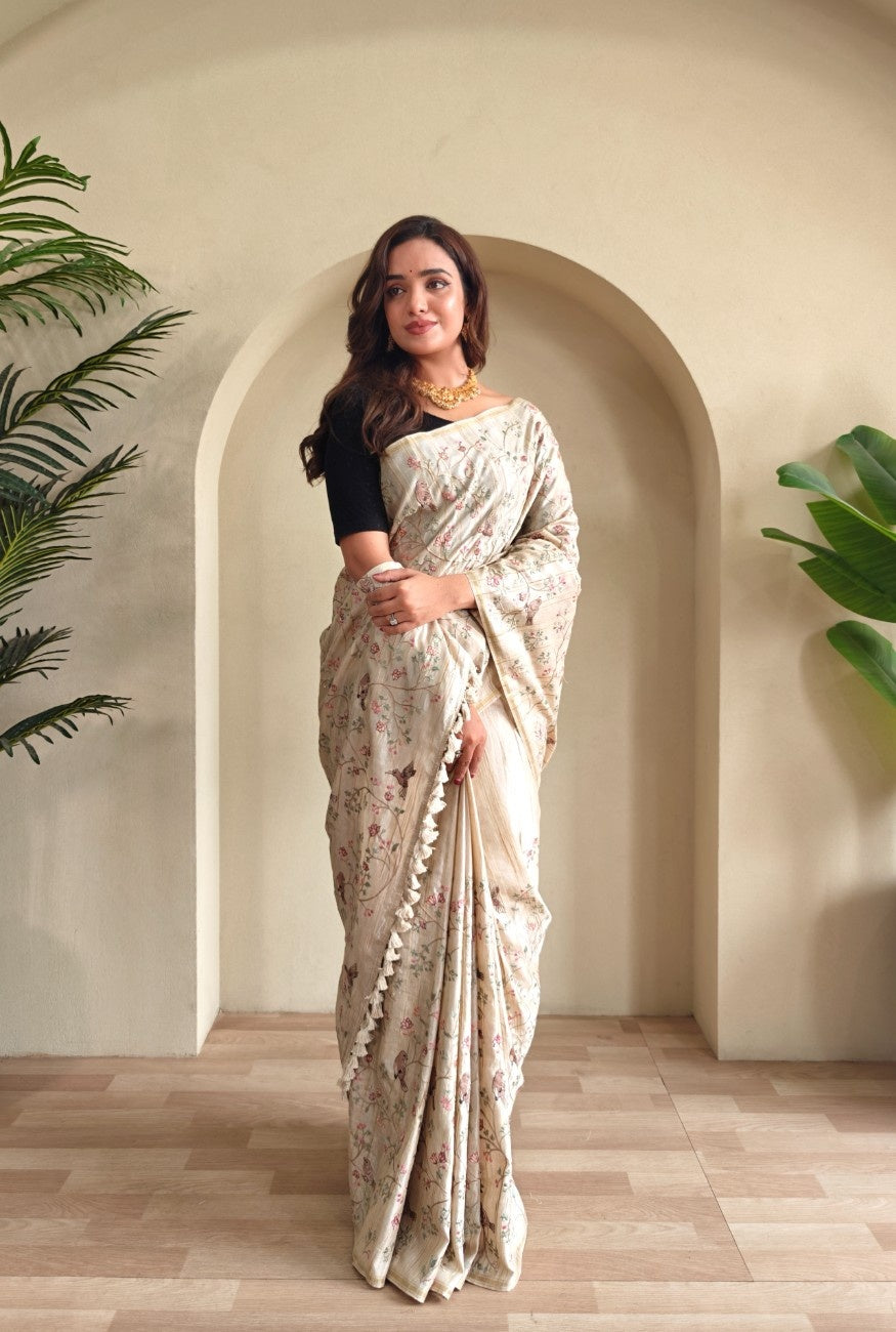 Pure Loom Tussar Saree with  floral and bird designer embroidery