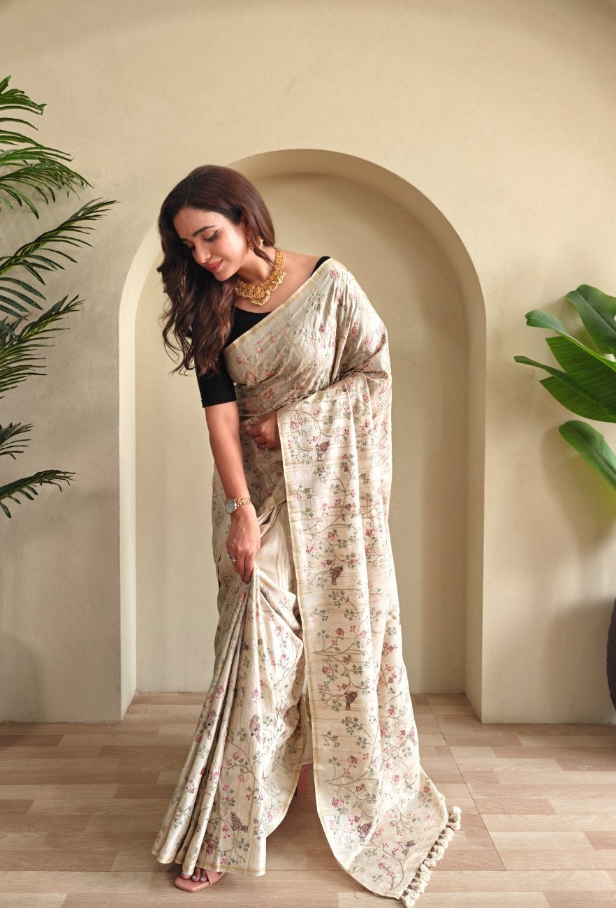 Pure Loom Tussar Saree with  floral and bird designer embroidery