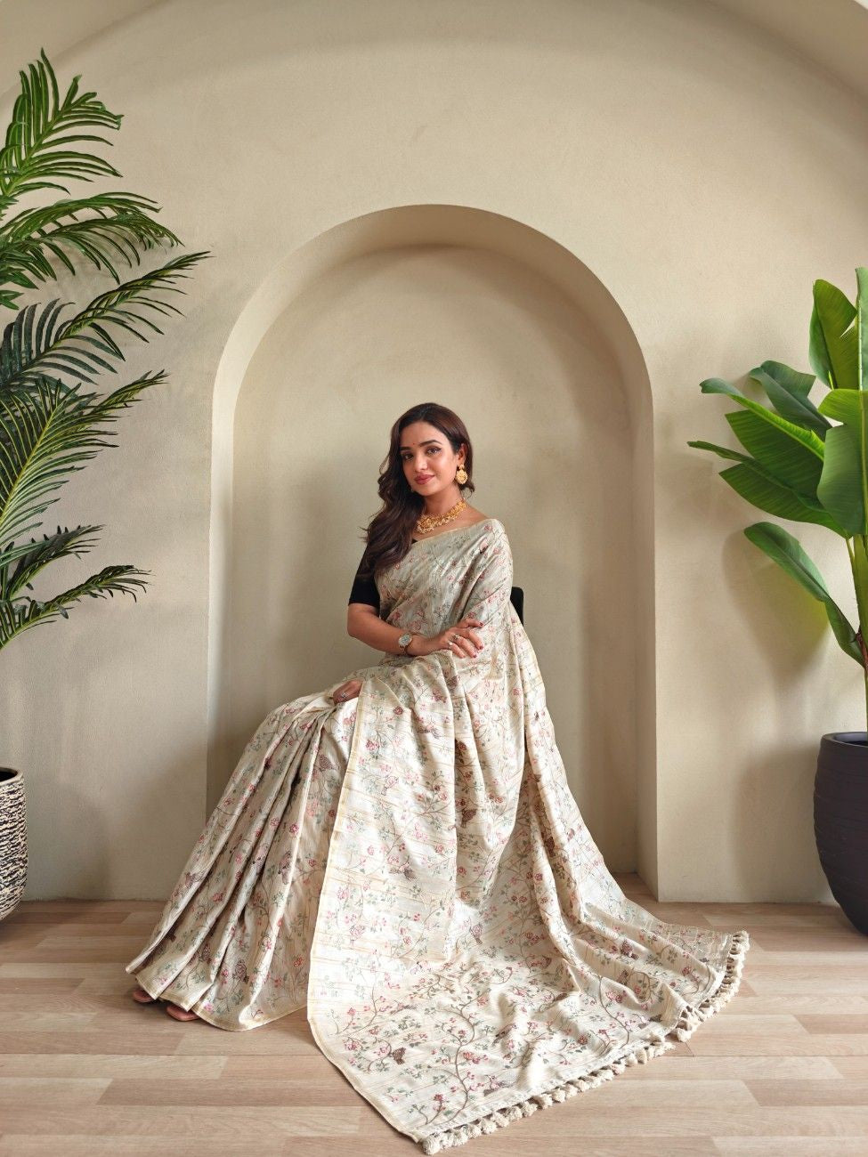 Pure Loom Tussar Saree with  floral and bird designer embroidery