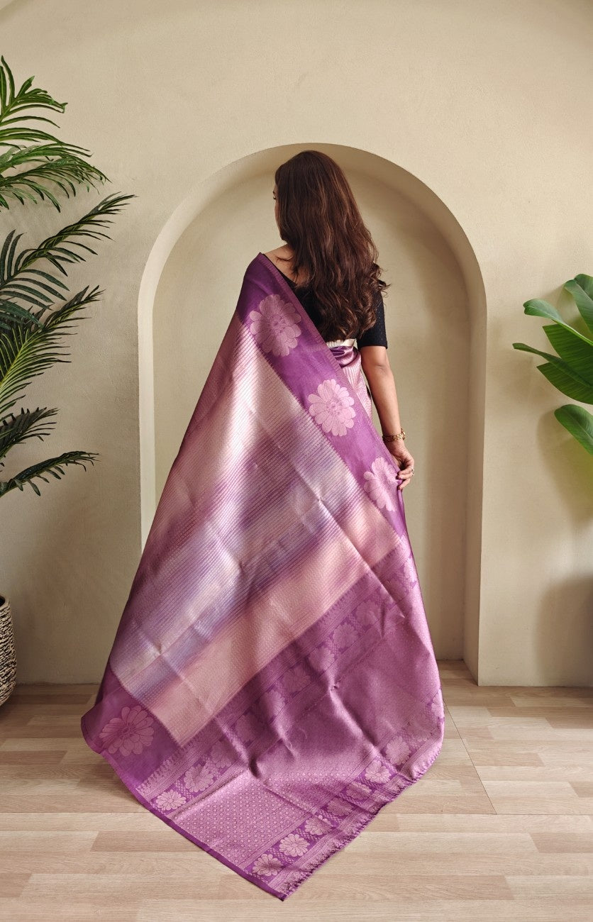 Premium Printed Silk Saree with Silver Zari & Contrast Pallu