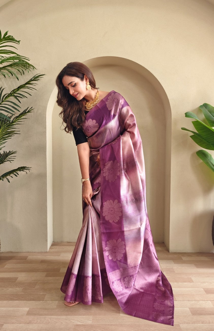 Premium Printed Silk Saree with Silver Zari & Contrast Pallu