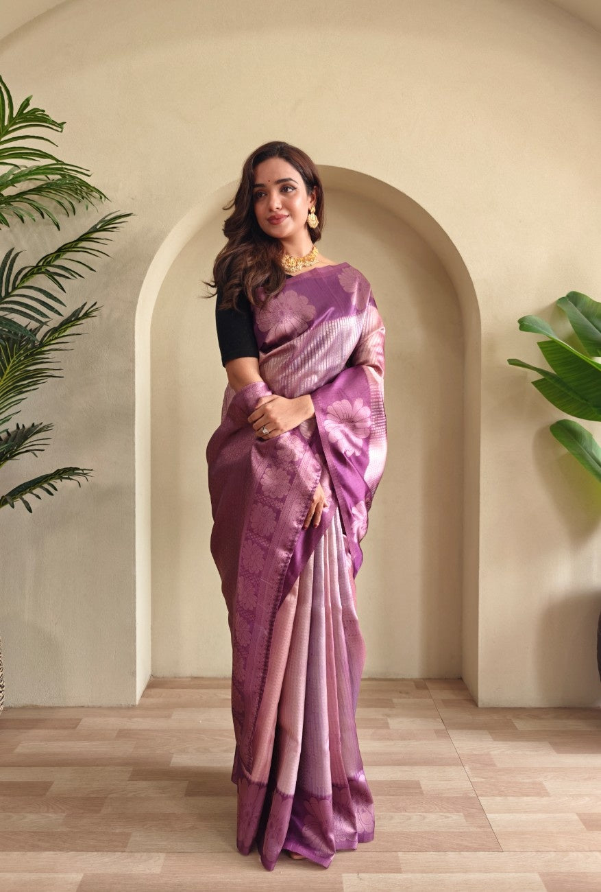 Premium Printed Silk Saree with Silver Zari & Contrast Pallu
