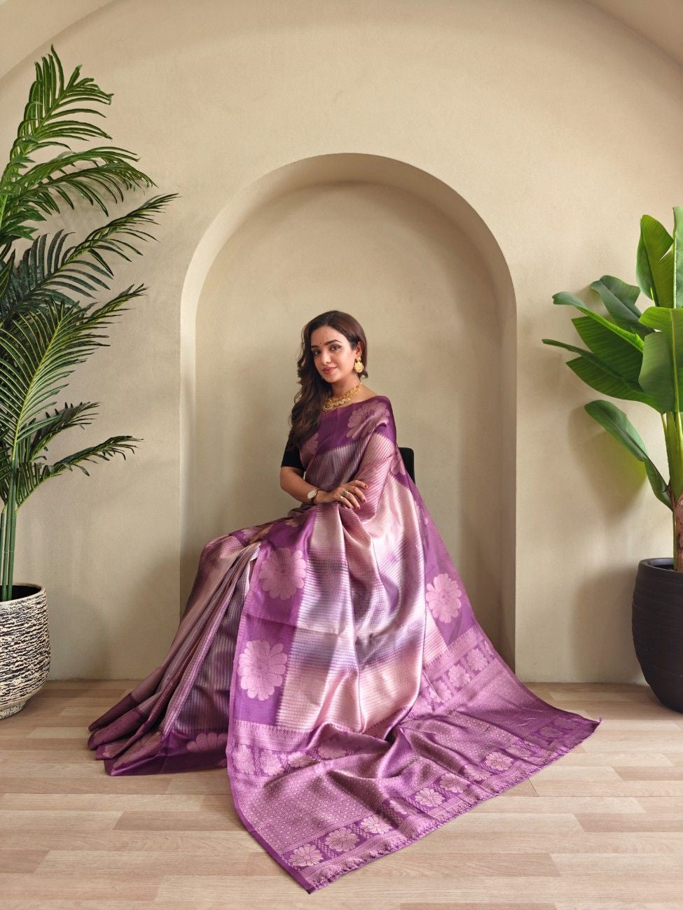 Premium Printed Silk Saree with Silver Zari & Contrast Pallu