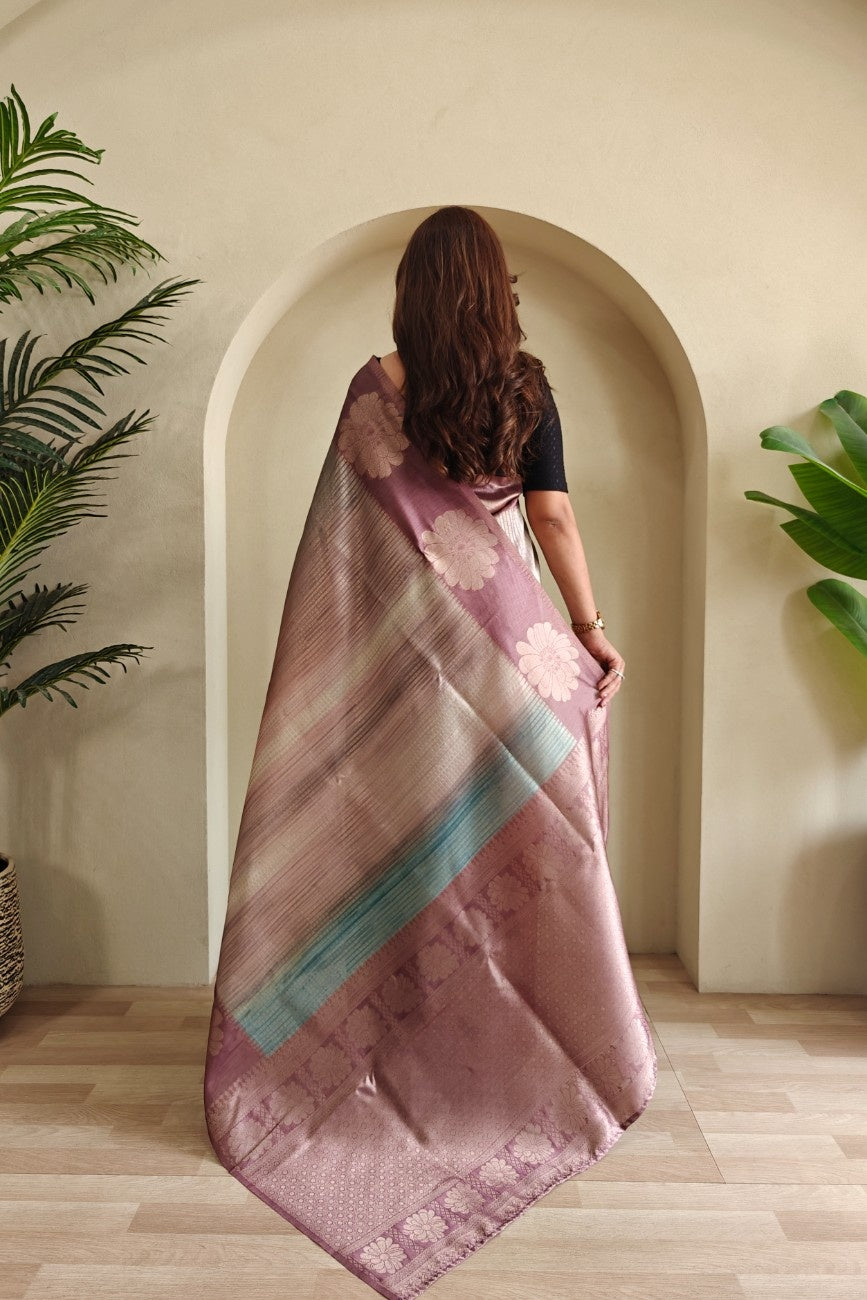 Premium Printed Silk Saree with Silver Zari & Contrast Pallu