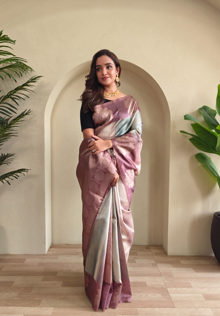 Premium Printed Silk Saree with Silver Zari & Contrast Pallu