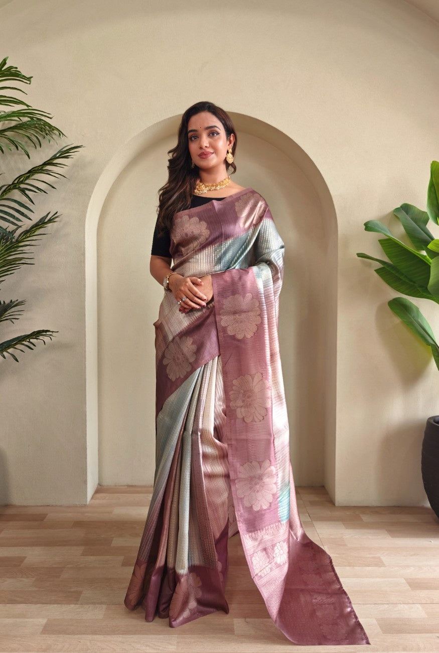 Premium Printed Silk Saree with Silver Zari & Contrast Pallu
