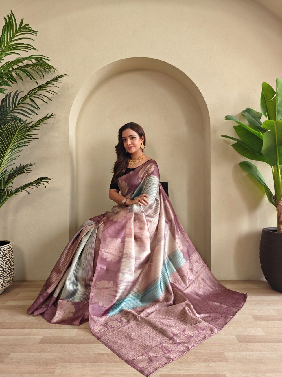 Premium Printed Silk Saree with Silver Zari & Contrast Pallu