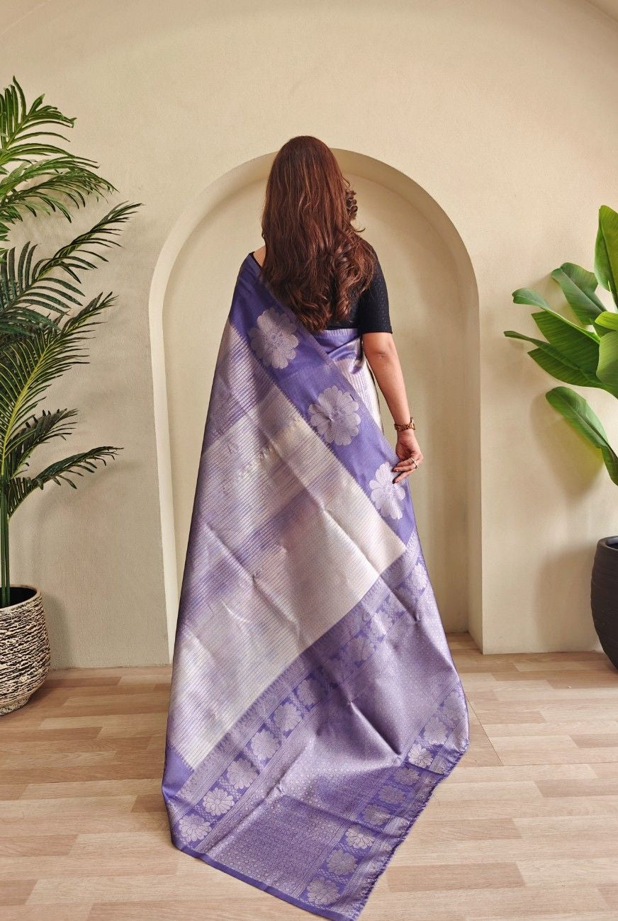 Premium Printed Silk Saree with Silver Zari & Contrast Pallu