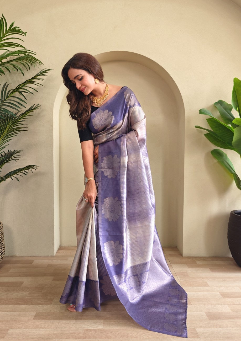 Premium Printed Silk Saree with Silver Zari & Contrast Pallu