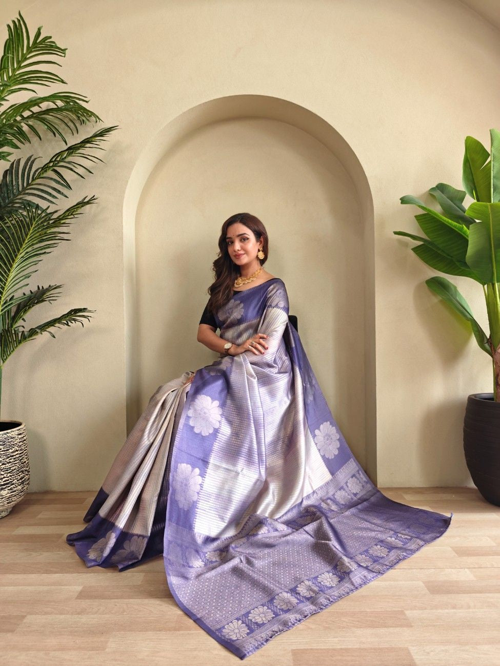 Premium Printed Silk Saree with Silver Zari & Contrast Pallu