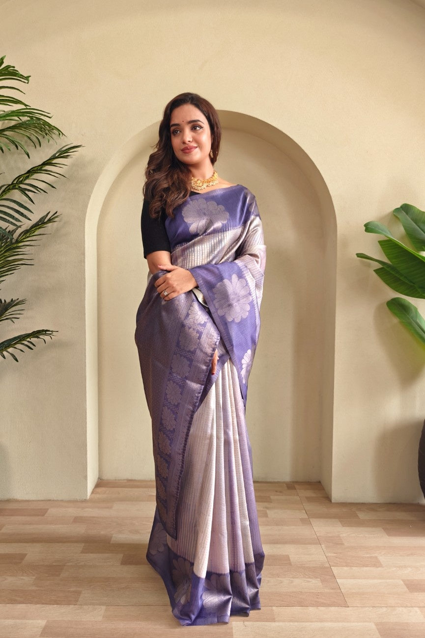Premium Printed Silk Saree with Silver Zari & Contrast Pallu