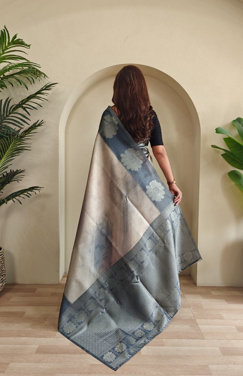 Premium Printed Silk Saree with Silver Zari & Contrast Pallu