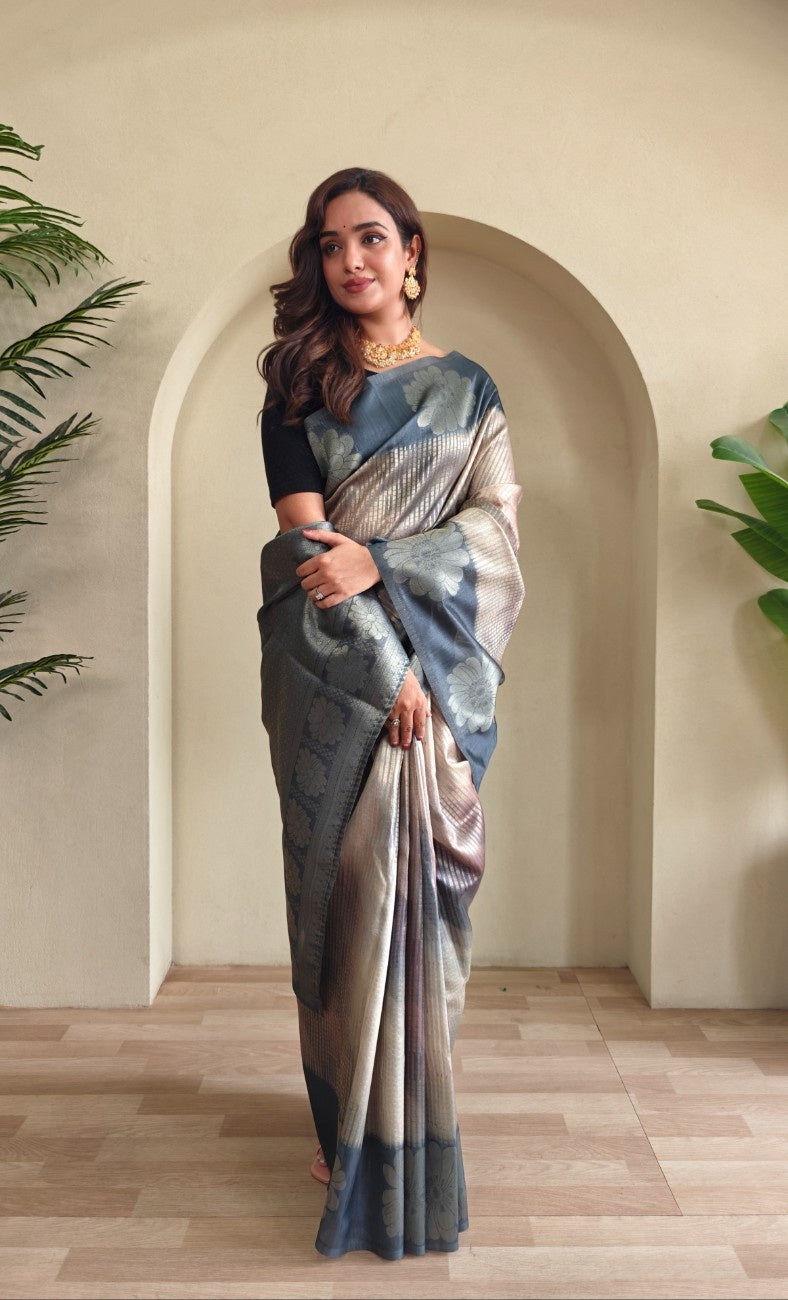 Premium Printed Silk Saree with Silver Zari & Contrast Pallu