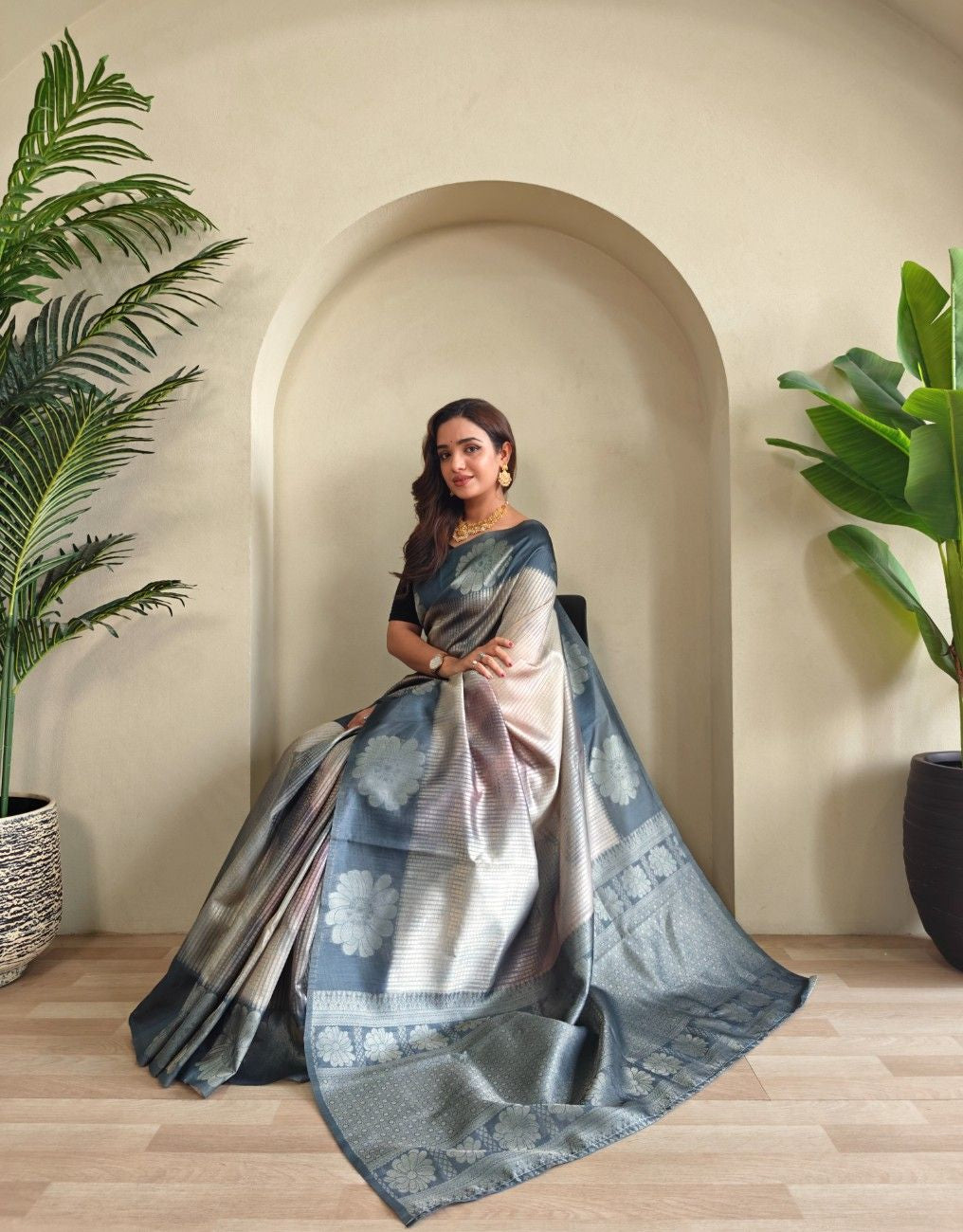 Premium Printed Silk Saree with Silver Zari & Contrast Pallu