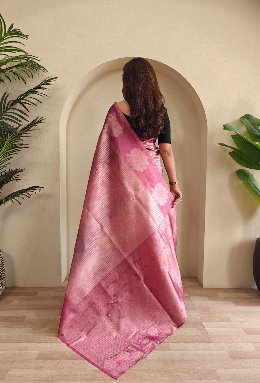 Premium Printed Silk Saree with Silver Zari & Contrast Pallu