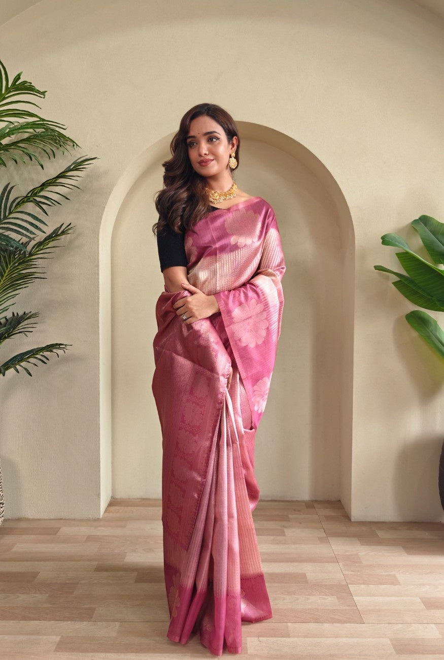 Premium Printed Silk Saree with Silver Zari & Contrast Pallu