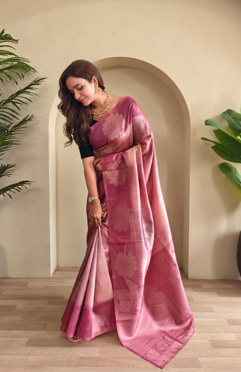 Premium Printed Silk Saree with Silver Zari & Contrast Pallu