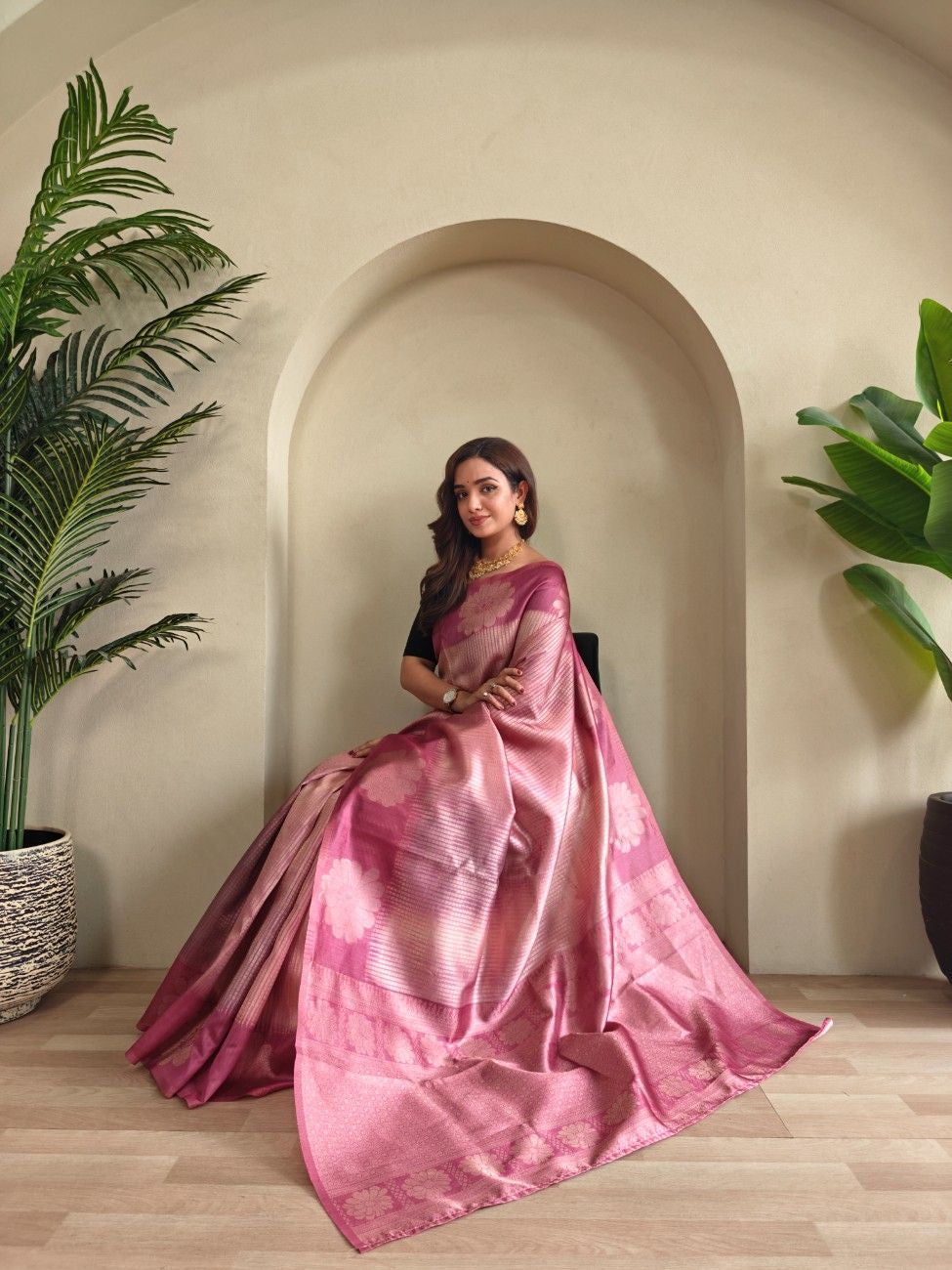 Premium Printed Silk Saree with Silver Zari & Contrast Pallu