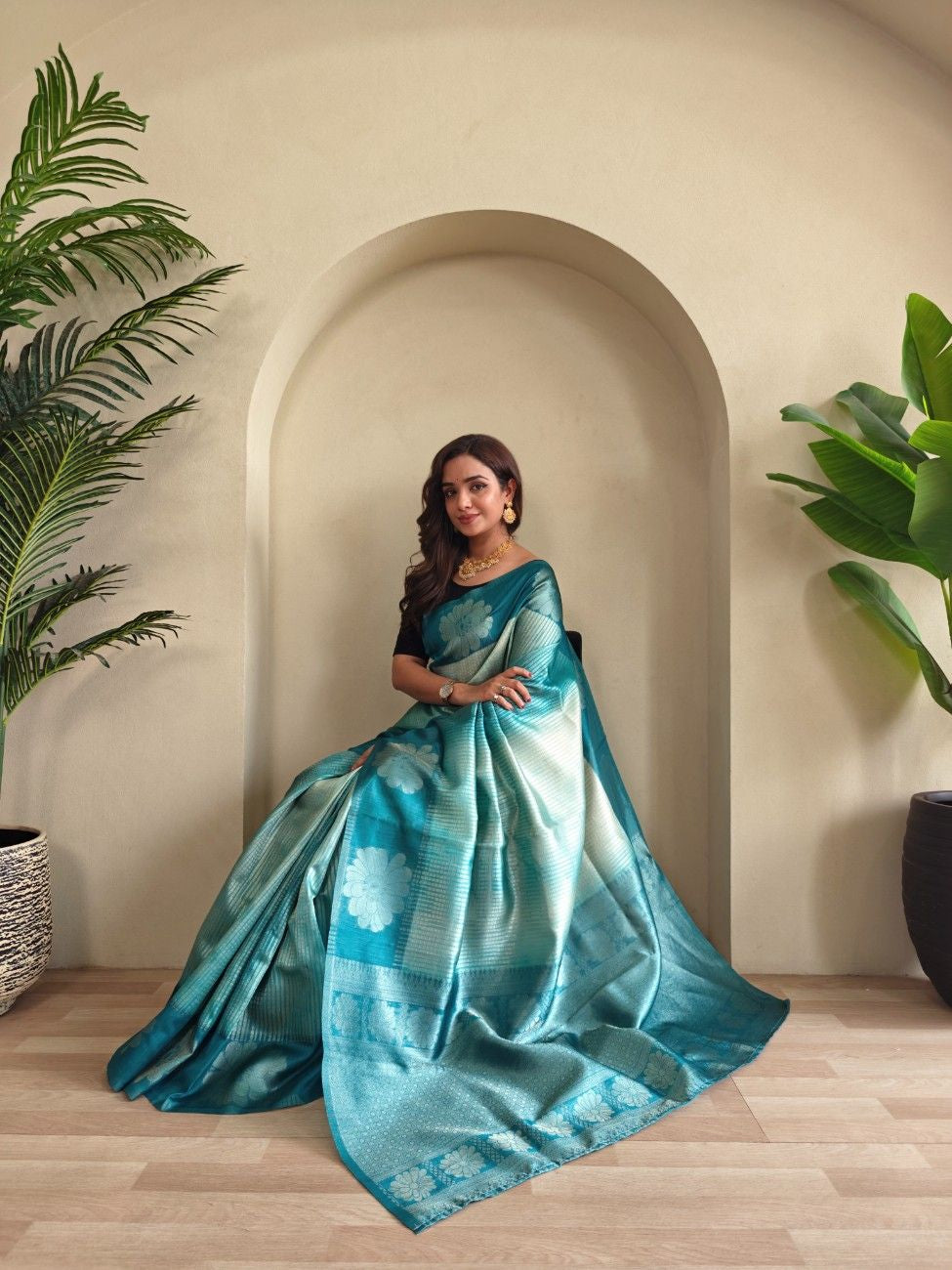 Premium Printed Silk Saree with Silver Zari & Contrast Pallu
